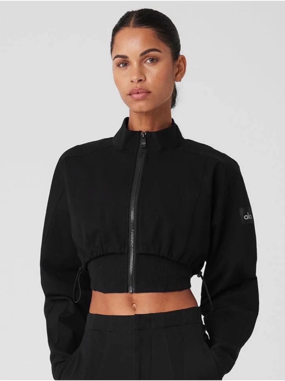 ALO On Point Black Moto Jacket Tight Inner Layer Boxy Cinchable Zip Up Outer
